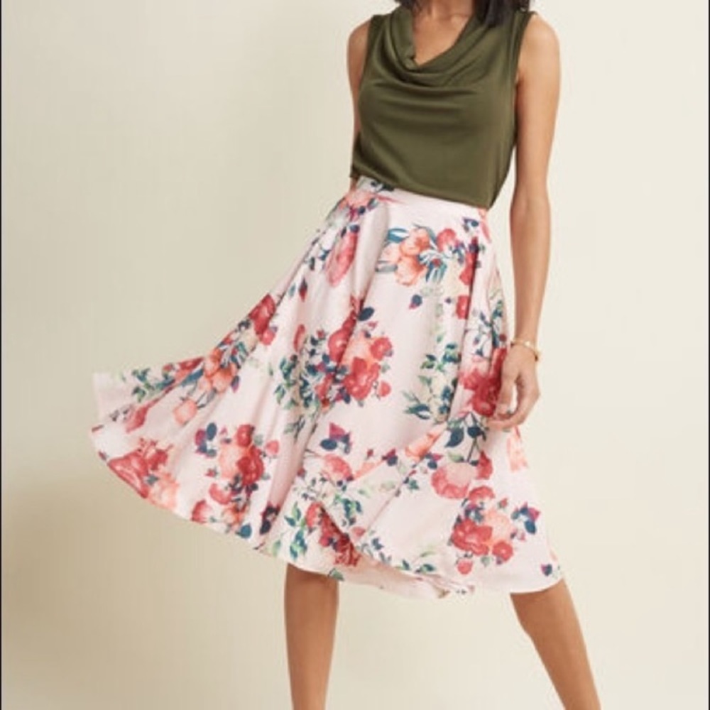 Modcloth Pink Roses Floral Ikebana for All A-line Skirt Women’s Sz Medium NWOT